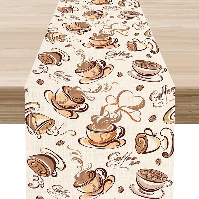 Coffee Time Table Runner, Farmhouse Retro Coffee Cup Tea Party Cafe Table Center Decor for Home Kitchen Dining Patio Holiday Party Indoor Outdoor Table Decorations,13"x90" Inch
