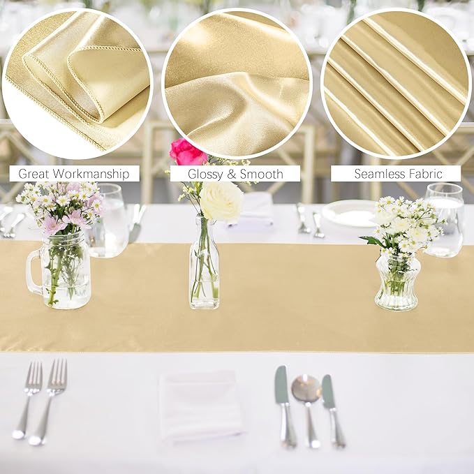 Aneco 16 Pack Satin Table Runner 12 x 108 Inch Champagne Long Wedding Satin Silk Table Runner for Wedding Banquet Graduations Birthday Party Decoration