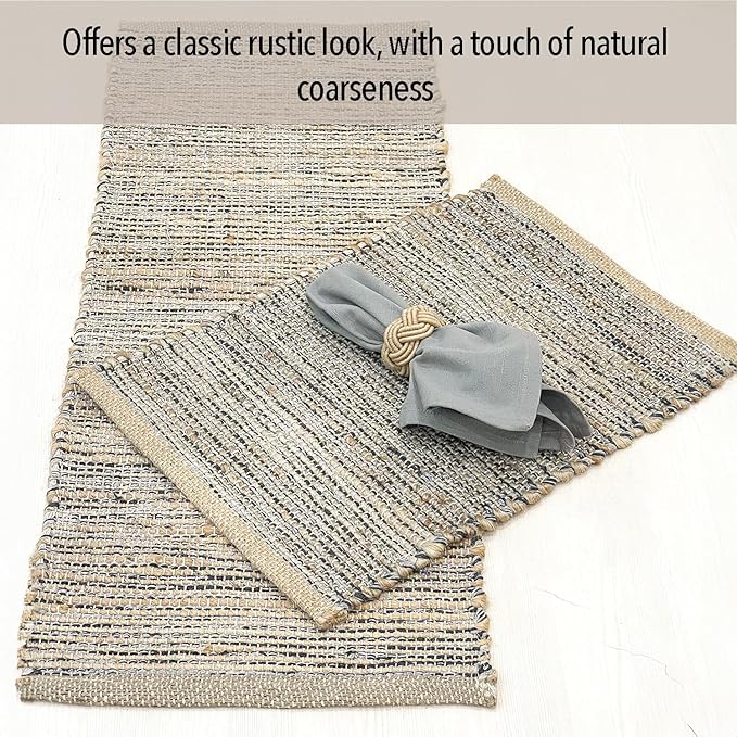 Chardin home Natural Jute Table Runner 13x36 Inch – Vintage Boho Rustic Table Decor – Handwoven Table Runner in Natural Jute and Grey – Farmhouse Dining or Console Table Accent