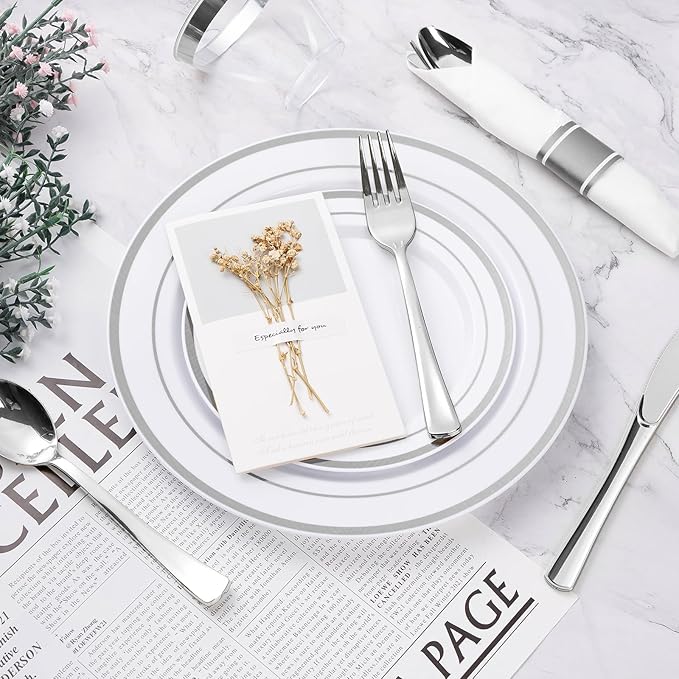 BESTVIP 350PCS Silver Plastic Dinnerware Set, Disposable Party Plates for 50 Guests, Include: 100 Plastic Plates, 50 Pre Rolled Napkins with Silver Silverware, 50 Cups