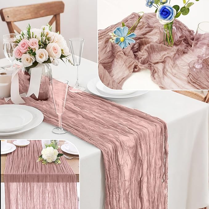 3-Pack Dusty Pink Cheesecloth Table Runners – 10FT (35x120 Inch) Boho Rustic Gauze Fabric Cheese Cloth Table Runner for Weddings, Baby Showers, Bridal Shower, Farmhouse & Birthday Party Decor