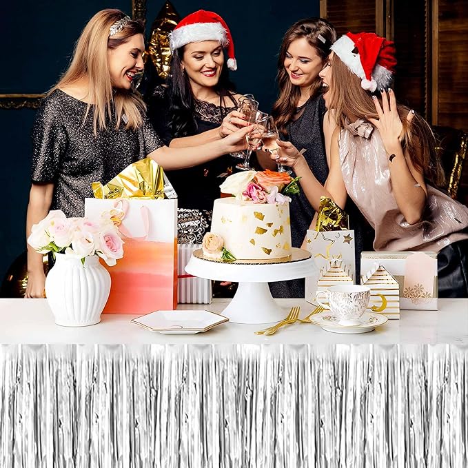 3 Pack 29 x108 Inch Silver Foil Fringe Table Skirts Metallic Banner for Tinsel Streamer Garland Backdrop for Parade Floats Mother's Day, Graduate, Birthday, Wedding Party Decoration