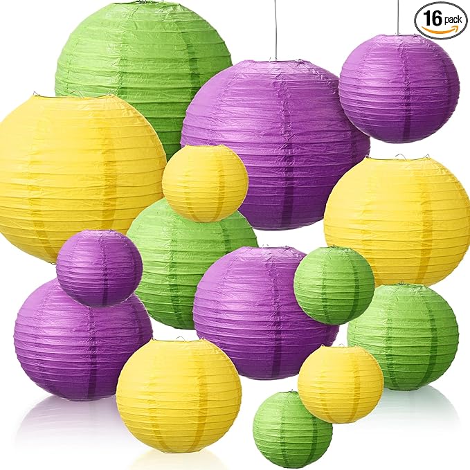Riakrum 16 Pcs Yellow Green Purple Paper Lanterns Birthday Party Decorations Mixed Size 6'' 8'' 10'' 12'' Colorful Chinese Hanging Paper Lanterns for Wedding Home Decorations Supplies