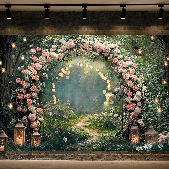 9x6ft Enchanted Forest Wedding Photography Backdrop Wonderland Roses Fairy Tale Backdrop Pink Flower Birthday Newborn Baby Shower Wedding Bridal Party Banner Photo Booth Props Anniversary Background