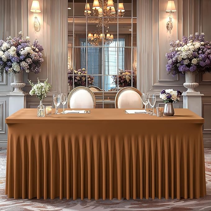 Wish Care 6 Pack Brown Spandex Table Clothes for 8 Foot Rectangle Tables, 8FT Wrinkle Free Fitted Tablecloths Ruffles Design Table Cover for Party, Banquet, Wedding and Events