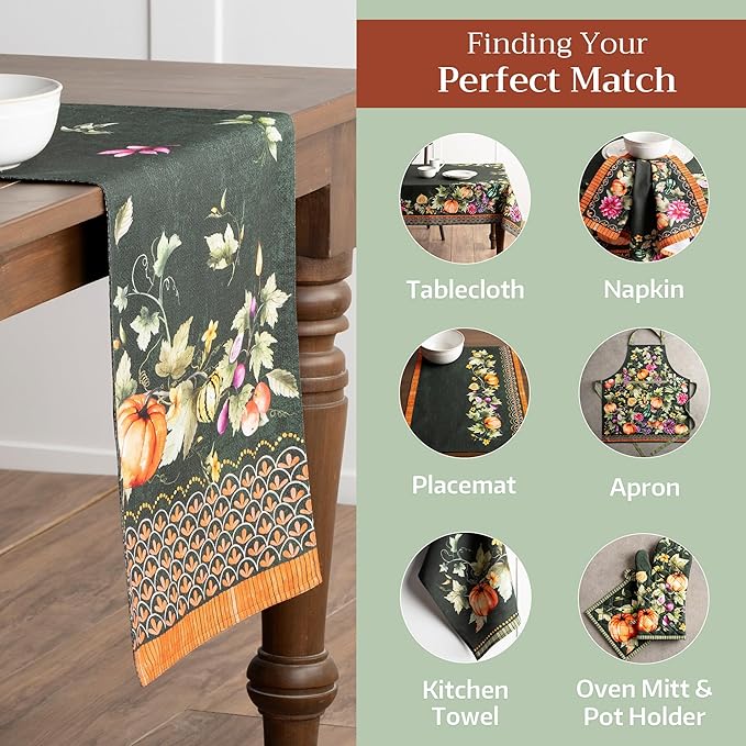 Maison d' Hermine Table runner 100% Cotton Double Layer Table Runners 72 inches long for Thanksgiving Christmas Decorations Home Kitchen Dining Party Wedding (Pumpkin Garden - Dark Green, 14.5" x 72")
