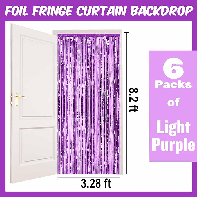 6 Pack Light Purple Foil Fringe Curtains Backdrop, 3.28 x 8.2 Ft Metallic Streamers Tinsel Curtains Background for Photo Booth, Birthday, Weddings, Carnivals, Graduation, Themed Party Decorations