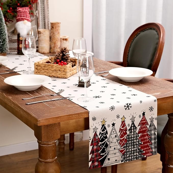 GEEORY Christmas Table Runner 13x36 Inch, Xmas Tees Snowflakes Holiday Decorative Farmhouse Table Decoration for Kitchen Dinning, Indoor Outdoor Dinner Party Decor (Red & Black) GT165-36