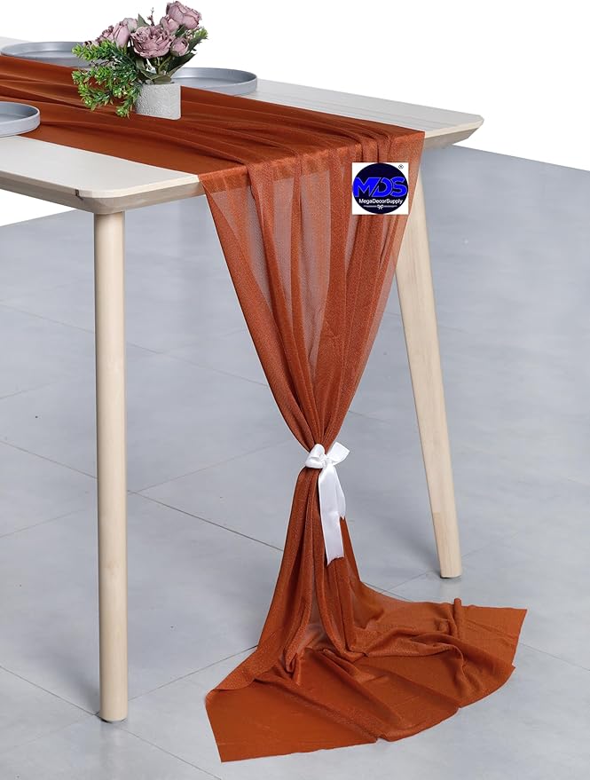 MDS 2 Pack 10ft Chiffon Table Runner 29 x 120 Inches Sheer Wedding Runner Romantic Rustic Table Runner for Wedding Decorations, Birthday Parties, Bridal Shower Party Arch Decor - Terracotta