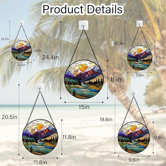 Stained Glass Window Hanging, Blue Lake Golden Sun Abstract Mountains Landscape Suncatcher for Doors Window Home Sun Catchers Decor Mother's Day Birthday Gifts for Women Men Mom 6.3 in