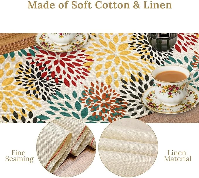 Green Red Dahlia Flower Table Runner Chrysanthemum Geometric Kitchen Dining Bedroom Living Room Table Decor for Indoor Outdoor Home Party, 13x90 Inch