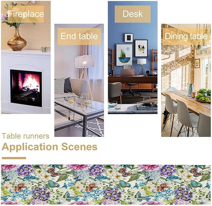 Brown Bird Floral Table Runner Spring Flower Kitchen Table Decoration Suitable for Family Dinner Decoration 13x70 Inch