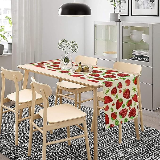 Strawberry Table Runner Spring Summer Fruit Wild Berry Forest Garden Dinner Runner for Girl Baby Shower Party Holiday Home Kitchen Dining Table Decor 13x36