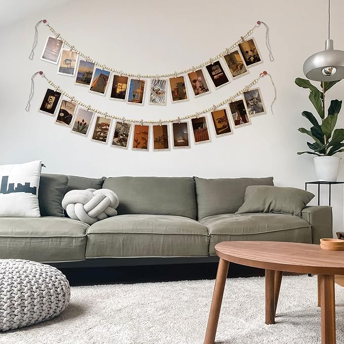 Hanging Photo Display With 12 Clips, Wooden Bead Garland 2PCS, Boho Style Collage Photo Frame Decoration for Dorms, Classrooms, Bedrooms