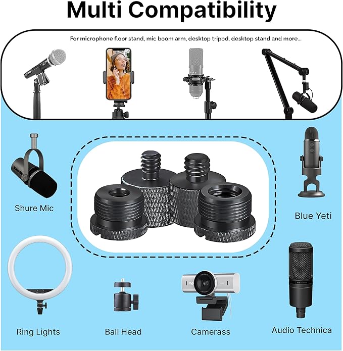 IXTECH Mic Stand Adapter Set 8 pieces Metal Microphone Stand Screw Thread Adapter 5/8 Female to 3/8 Male 3/8 Female to 5/8 Male 5/8 Female to 1/4 Male 1/4 Female to 5/8 Male Tripod Adapter ADP03 Black