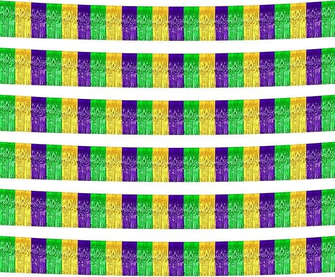 6 Pack 10 Feet Mardi Gras Foil Fringe Garland Metallic Tinsel Streamers Banner Wall Hanging Backdrop Banner for Parade Floats, Valentine's Day, Wedding, Birthday Party Decorations Gold Green Purple