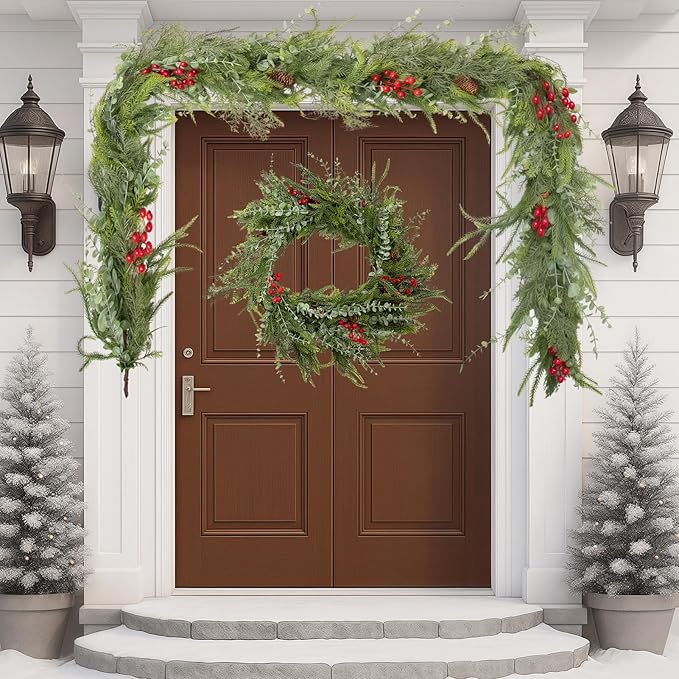 9FT Christmas Garland Norfolk Pine Tree Artificial Cedar Eucalyptus Greenery, Realistic Pine Garland for Mantel Fireplace Stair Rail Doorway Table Centerpiece, Indoor Outdoor Winter Decor