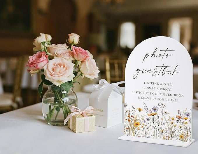 Wedding Signs for Ceremony and Reception, Boho Floral Acrylic Photo Guestbook Sign, Wedding Signage with Stand, Bridal Shower Table Centerpieces, Supplies for Engagement Reception Event Party, 28
