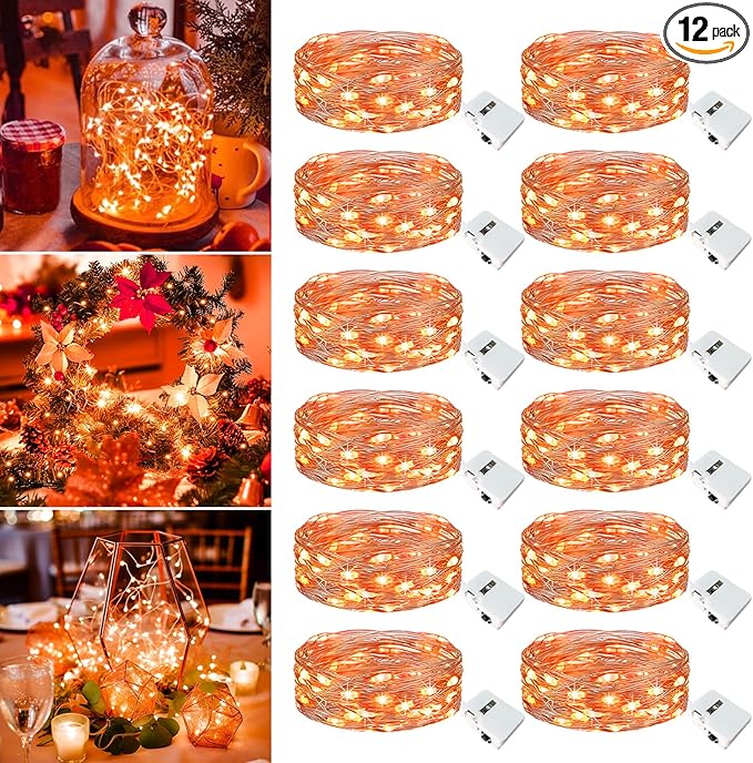 12 Pack Fairy Lights Battery Operated - 7ft 20 Led Twinkle Lights 3 Modes, Bulk Mini String Lights Waterproof for Mason Jars Vases DIY Party Wedding Decoration Christmas -Orange