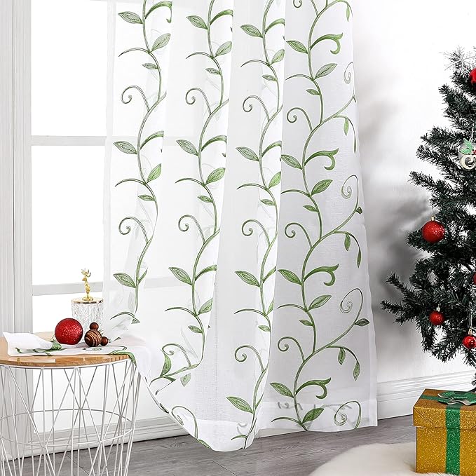 VISIONTEX Embroidered Green Sheer Voile Curtains, Leaves Embroidery Faux Linen Rod Pocket Window Drapes for Living Room and Girls Bedroom 54 x 63 Inch, Set of 2 Curtain Panels