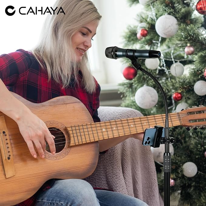 CAHAYA Dual-use Tripod Microphone Stand with Phone Holder Gooseneck Floor Mic Stand Portable with Carrying Bag and 2 Mic Clips for Singing Performance Wedding Stage Meeting Live CY0312