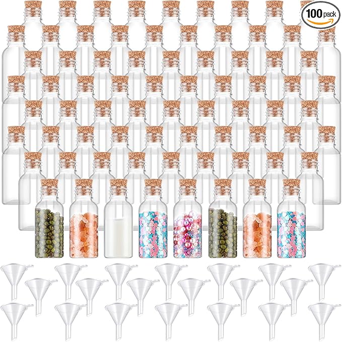Sabary 100 Pack 1oz Plastic Potion Bottles with Cork Stoppers Mini Sand Art Bottles Tiny Cork Vial Small Jar with Funnel for Art DIY Craft, Essential Oil, Message, Wedding Party Favor