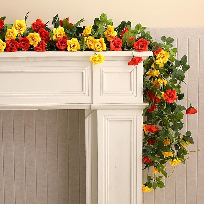 Floweroyal 2 Pack Artificial Flower Garlands 15.8FT Fake Rose Vines Silk Flowers Hanging Rose Ivy for Wedding Arch Party Home Garden Wall Decor (Orange Yellow)