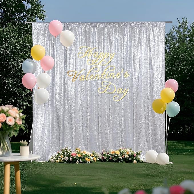 SquarePie Sequin Backdrop Not See Through Thick Stain Background for Photography Glitter Curtain Party 8FT x 8FT Silver