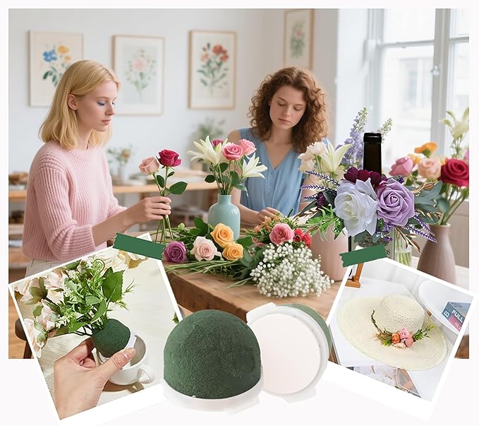 12PCS Foam for Flower Arrangements Styrofoam for Artificial Flowers Dry Blocks Foam Circles with Green Floral Tape for Fresh Flowers Wire