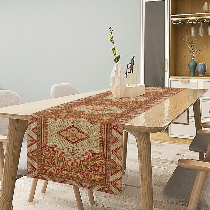 Boho Bohemia Style Orange Table Runner, Country Rustic Farmhouse Magical Abstract Print Pattern for Home Kitchen Table Decor Dining Coffee Room Garden Party Decor 13x108in
