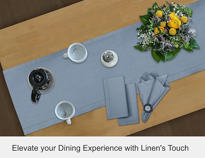 Ruvanti Linen Table Runner 108 Inches, Classic Hemstitch, Washable, Reusable, Non-Slipping, Stain Resistant- Perfect for Parties, Weddings, Dinners, Thanksgiving, Christmas, Indoor use – Grey