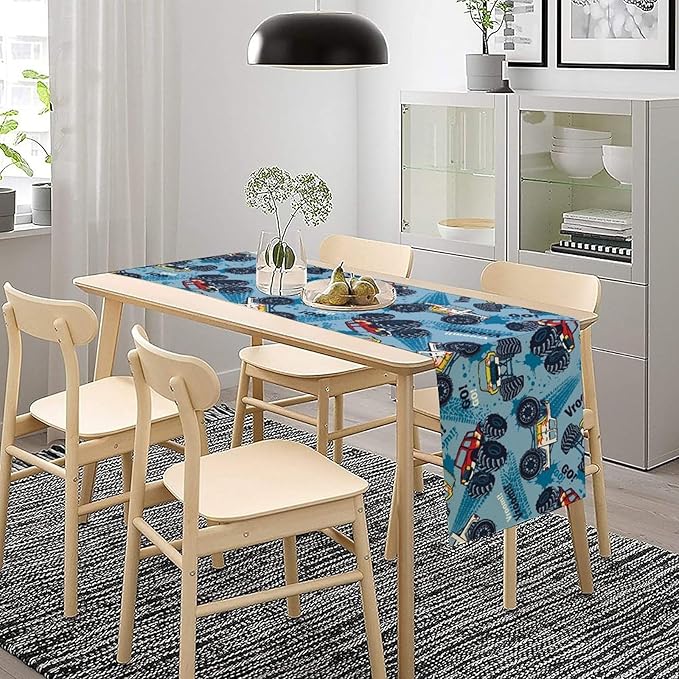 Monster Truck Table Runner,for Kids Boys Cool Colorful Cartoon Blue Cars Pattern Print Tablecloth Burlap for Hotel Indoors Outdoor Dining Room Kitchen Home Decor,W13X L90 in