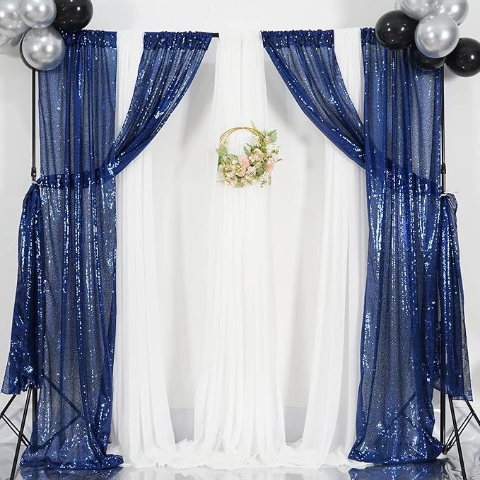 Poise3EHome 4Pcs 2Ft x 8Ft Blue Sequin Backdrop Curtains, Glitter Photography Backdrop, Sequence Xmas Thanksgiving Backdrop (Navy Blue, 4 pcs-2ftx8ft)