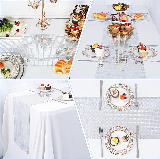 SquarePie Disco Table Runner 1 Pack - Silver Mirror Sequin Glitter Foil Runner for Disco Party Decor Retro 70s 80s Theme, Bachelorette Birthday Dance Decoration 12x108 Inch