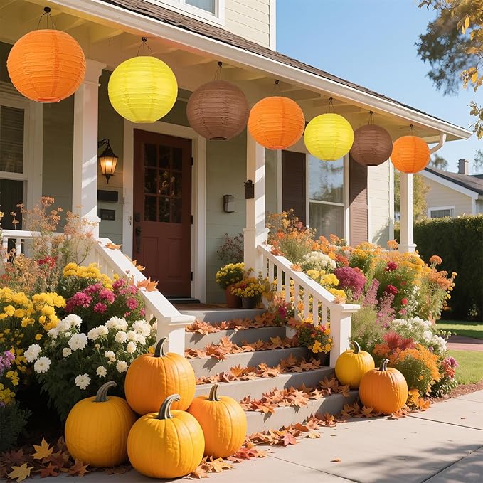 12Pcs Fall Paper Lanterns, Various Sizes (6" 8" 10" 12") Hanging Yellow Orange and Brown Paper Lanterns for Baby Shower Bridal Shower Wedding Birthday Thanksgiving Fall Party Decorations