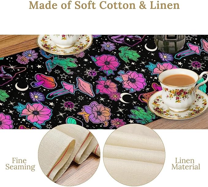 Gothic Star Moon Colorful Table Runner for Kitchen Living Room Home Party Boho Floral Table Runner 13x90 Inch
