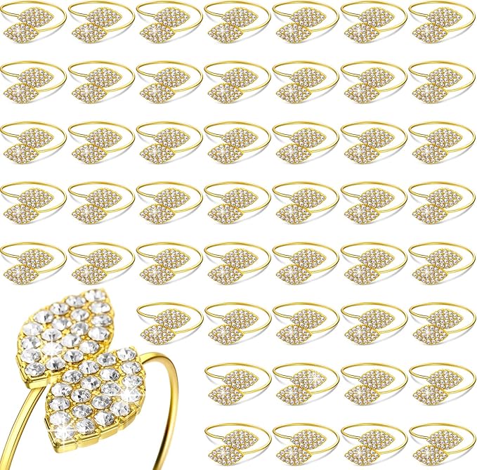 Hotop 60 Pcs Napkin Rings Gold Table Decorations, Elegant Bling Leaves Napkin Rings, Rhinestone Guest Towels Buckle for Wedding Gold Party, Thanksgiving Christmas Dinner Banquet Table Decoration