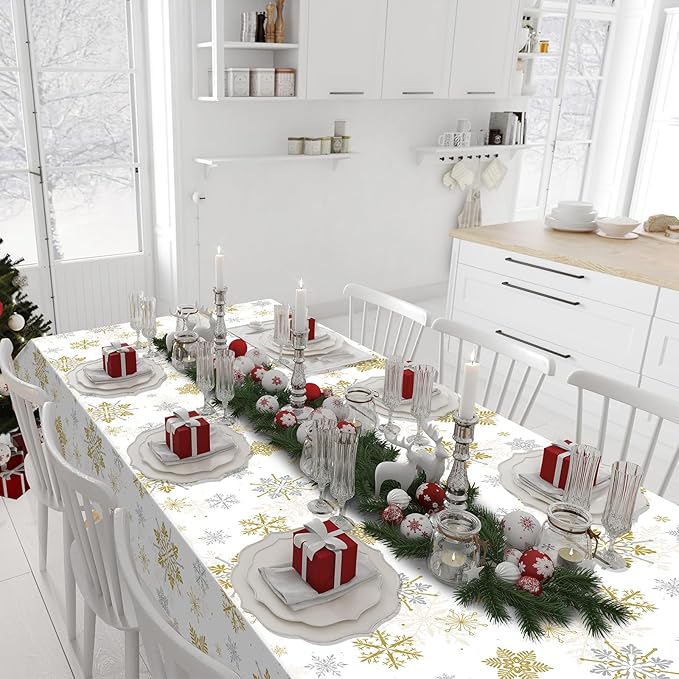 6Pcs Christmas Snowflake Party Tablecloths Decorations,Plastic White and Gold Table Cloth,Winter Rectangle Table Cover for Christmas New Year Birthday Baby Shower Holiday Party Decorations,54x108 inch