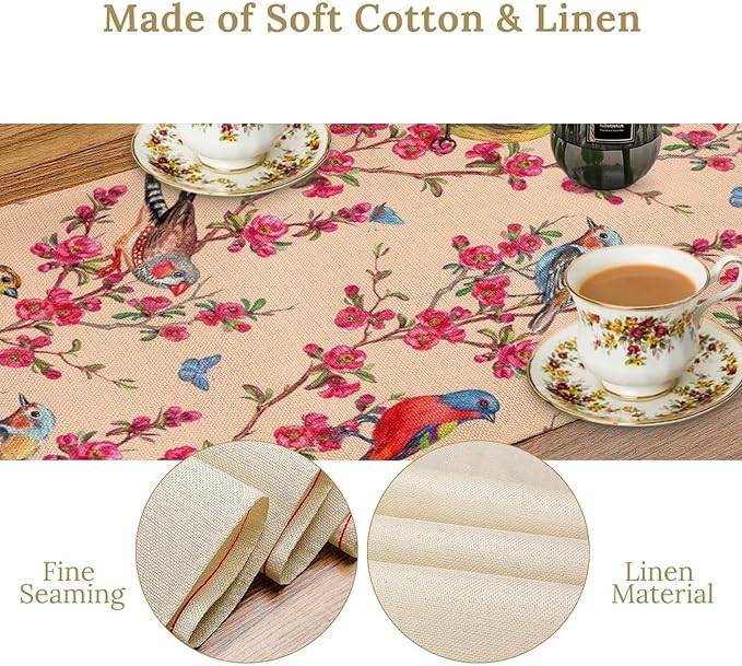 Floral Butterfly Table Runner Seasonal Spring Flower Bird Table Decoration Table Runner for Home Party Decoration 13x60 Inch