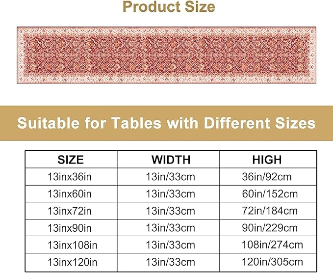 Boho Floral Vintage Table Runner, Retro Red Flower Rustic Country Farmhouse Abstract Pattern for Home Kitchen Table Decor Dining Coffee Room Party Decor 13x72in
