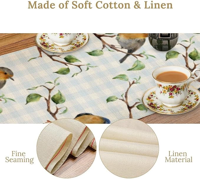 Bird Table Runner,Spring Birds Tree Blue Plaid Print Table Runner for Kitchen Dining Table Decoration Home Party Decor 13x90 Inch