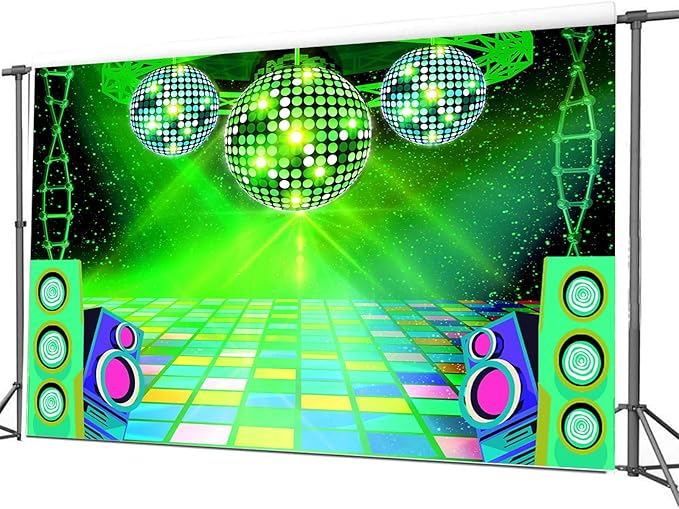 Dance Party Backdrop Retro 80s 90s Theme Stage Dance Ball Music Birthday Party Decoration DJ Photography Background 5 x 3 ft for Baby Shower Picture Photo Shoot Polyester Fabric, Green