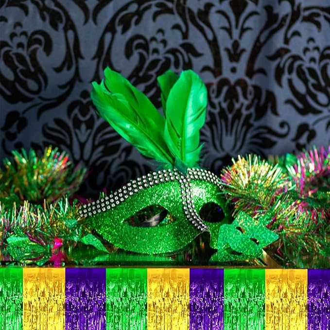 4 Pack 29x108 Inch Mardi Gras Metallic Foil Fringe Tinsel Table Skirts for Rectangle Tables Streamer Backdrop for Wedding, Birthday, Parade Floats, Valentine's Day Party Decoration(Gold Green Purple)