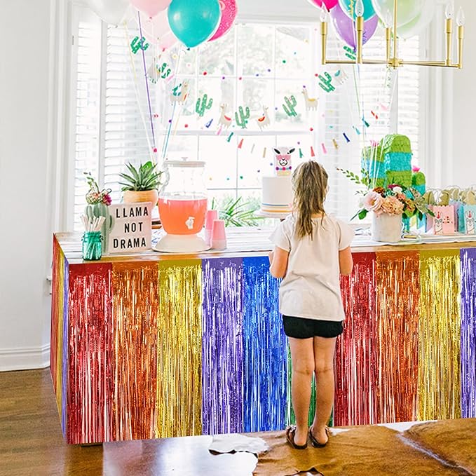 BEISHIDA 2 Pack Rainbow Metallic Tinsel Foil Fringe Table Skirts for Rectangle and Round Tables - Kids' Birthday, Baby Shower, Holiday Party Decor