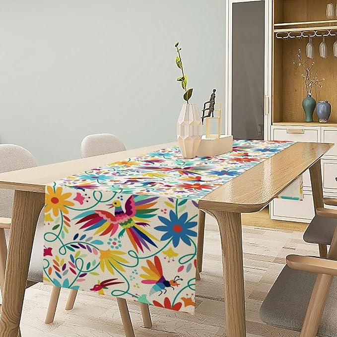 Mexican Table Runner,Boho Colorful Nature Inspired Flowers and Birds Table Cloth Kitchen Dining Table Home Party Decoration 13x90 Inch