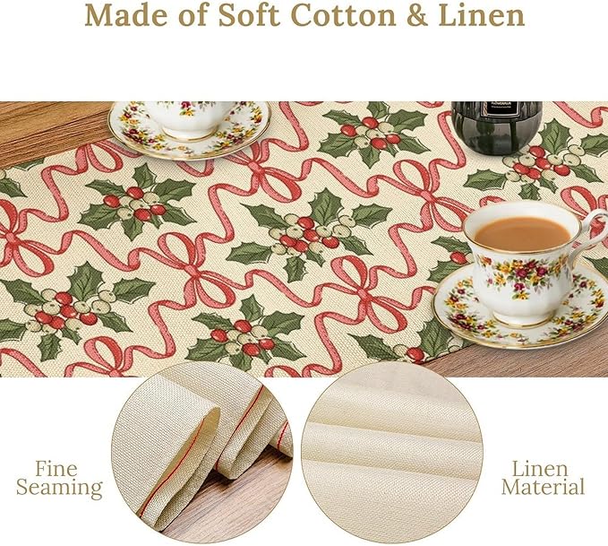 Christmas Table Runner,Xmas Holiday Bowknot Decor Table Cloth Kitchen Dining Table Decoration for Home Party Decor 13x70 Inch