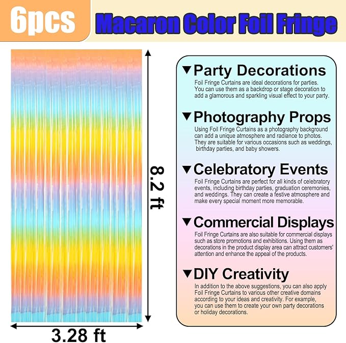 6 Pack Rainbow Foil Fringe Curtain Backdrop, 3.28Ft x 8.2Ft Metallic Tinsel Foil Fringe Streamer Curtains for Photo Booth, Birthday, Wedding, New Year Party Decorations