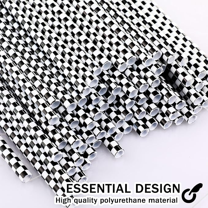 Domensi 50 Pcs Black and White Checkered Racing Straws Plastic Disposable Drinking Straws Hard Plastic Reusable Striped Flag Party Supplies for Race Car Sports Themed Birthday Decoration