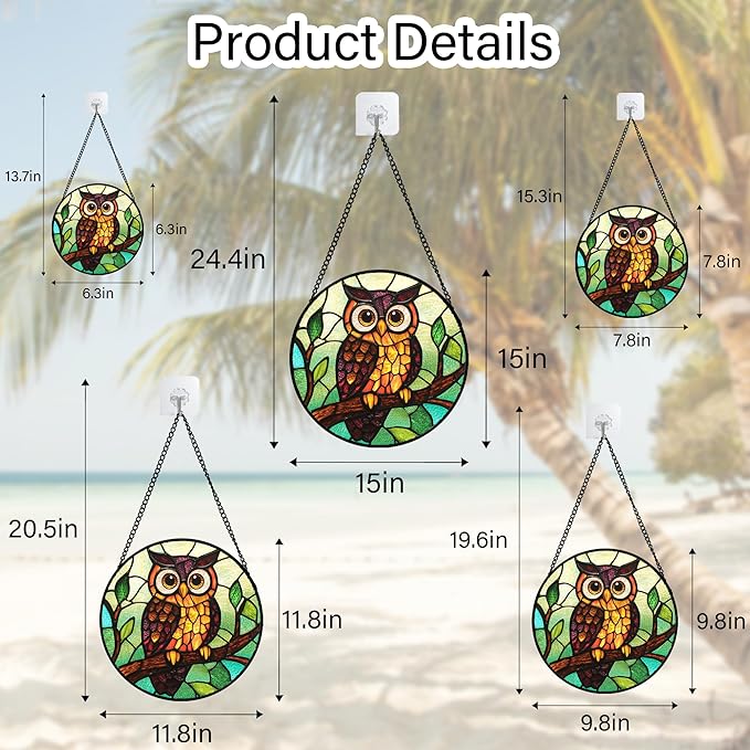 Stained Glass Window Hanging - Owl on a Branch Suncatcher for Doors Window Home Orange Brown Sun Catchers Decor Christmas Mother's Day Birthday Gifts for Teacher Women Men Mom Nana 6.3 in
