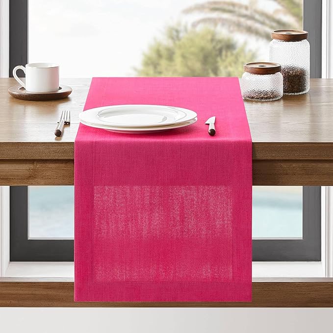 ZeeMart Linen Textured Border Table Runner, 14 x 48 Inch Hot Pink, Farmhouse Style Pink Table Runners 48 Inches Long, Easy Care Everyday Polyester Table Runner